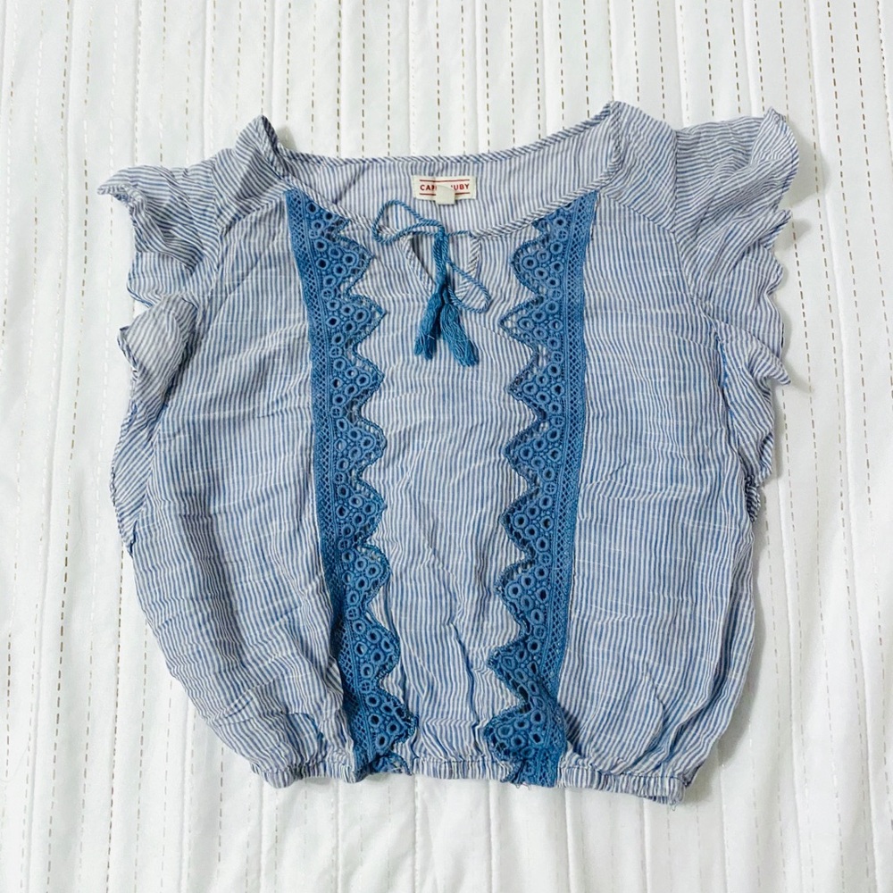 Cape Juby Blue Striped Broderie Balloon Blouse